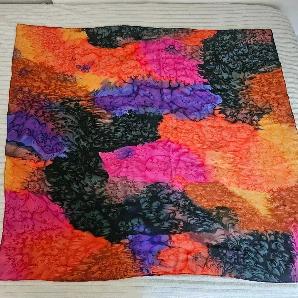 Shanghai Silk Scarf Women OS 100% Silk Multicolor Psychedelic Square VTG Boho‎
